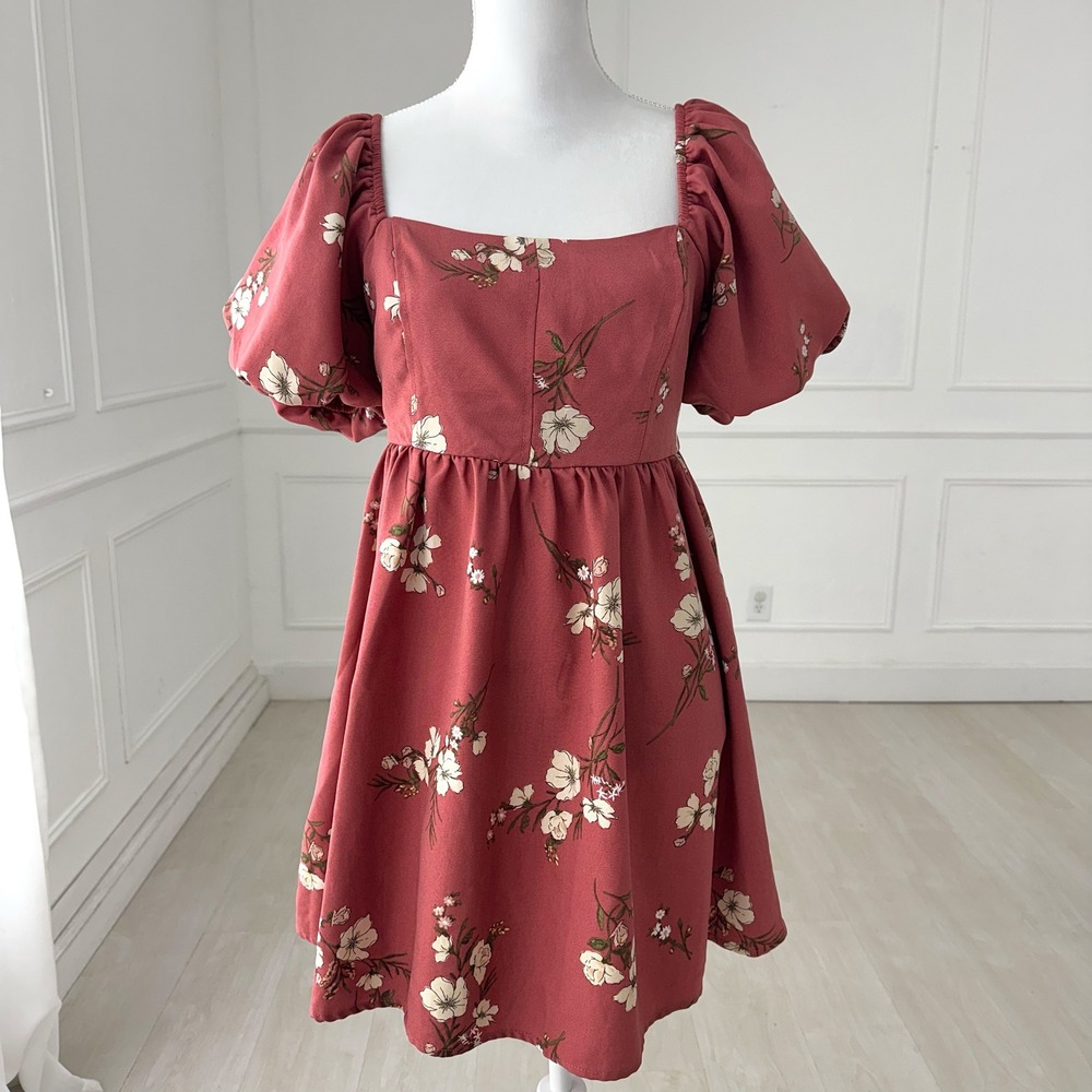 RED HEART Mauve Floral Puff Sleeve Square Neck Smocked Back Mini Dress‎ XL